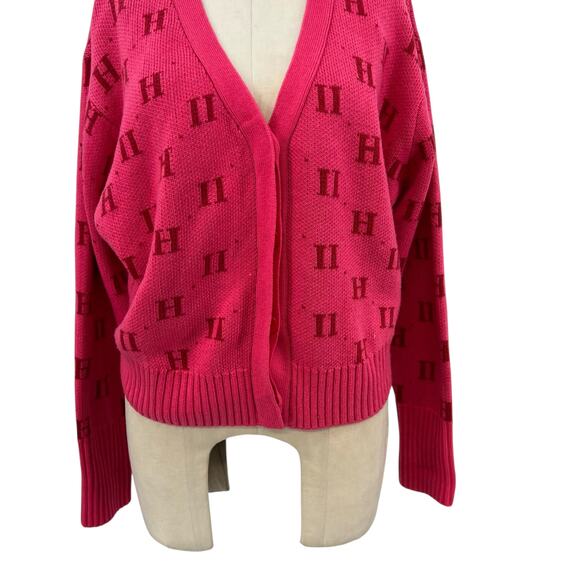 11 Honore Angie Cardigan Sweater 11h Monogram Print Pink Plus Size 1 14-16 - Picture 4 of 13